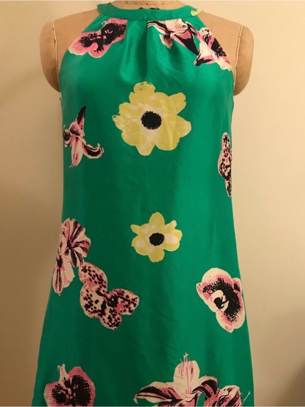 J. Crew Green Floral Halter Tunic with Yellow & Pink Blooms